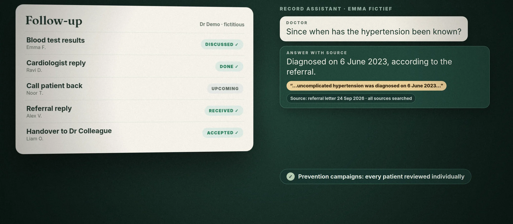 A follow-up list with statuses and a record assistant answering with a source.