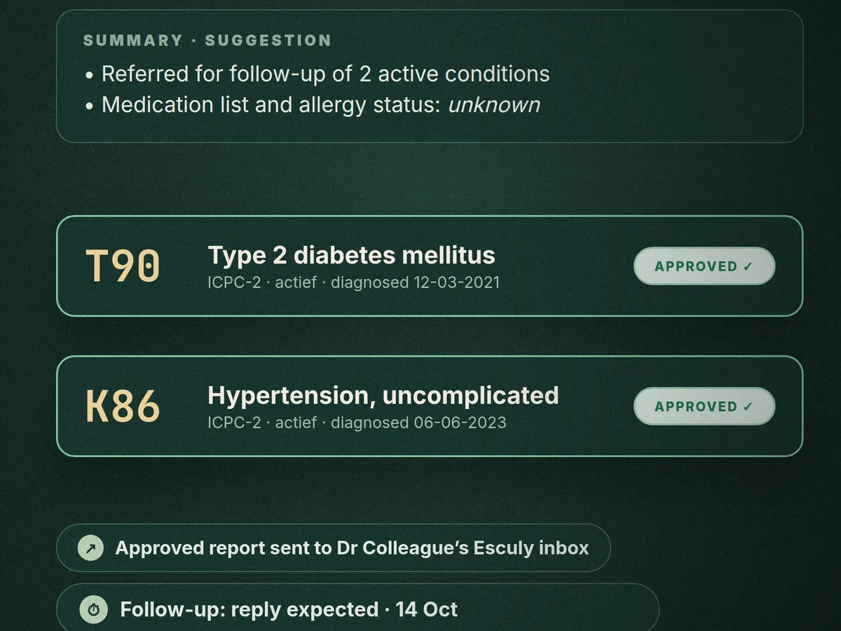 Code suggestions T90 and K86 with diagnosis date for an incoming referral letter.