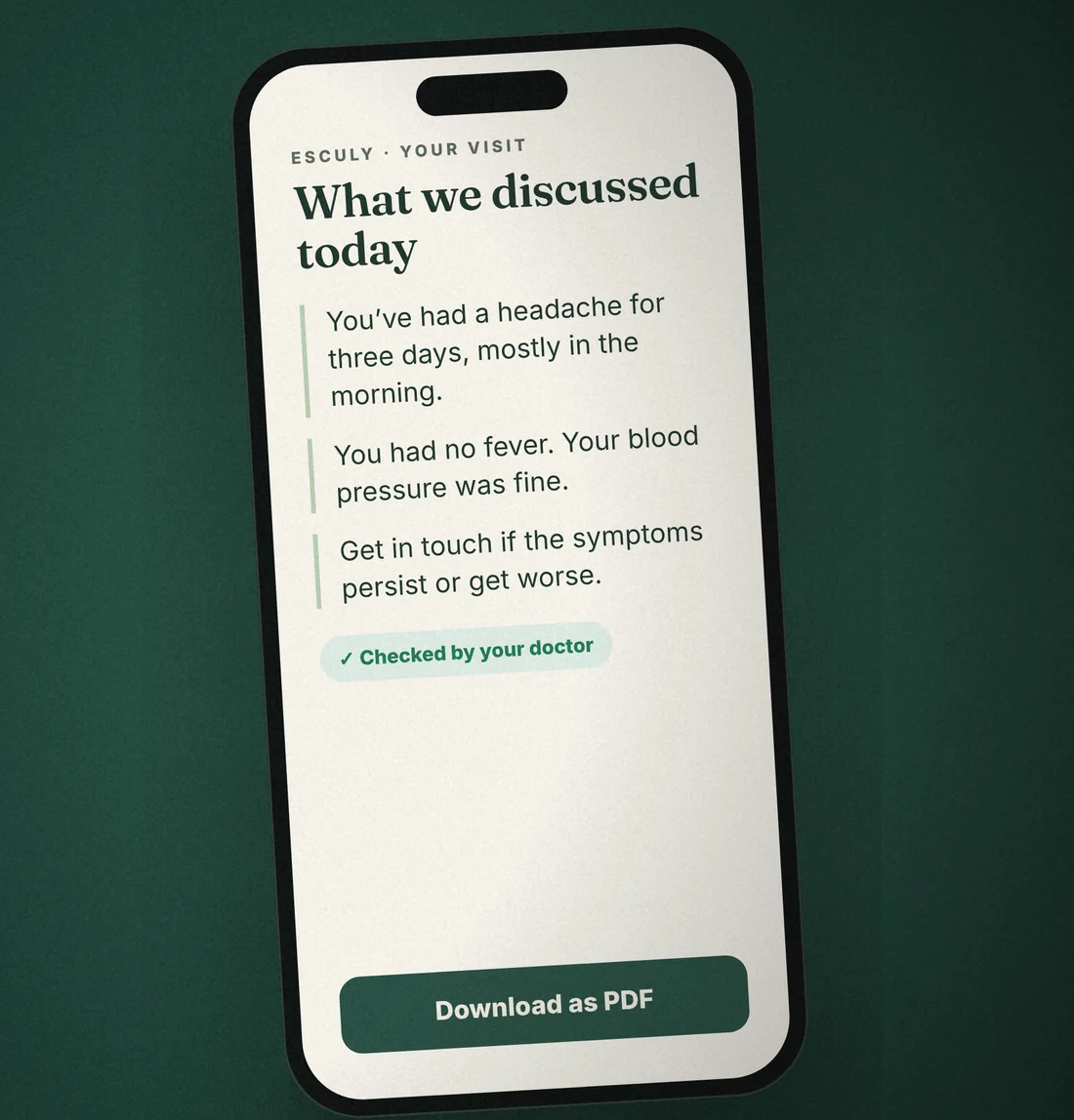Patient summary on a phone, checked by the doctor.