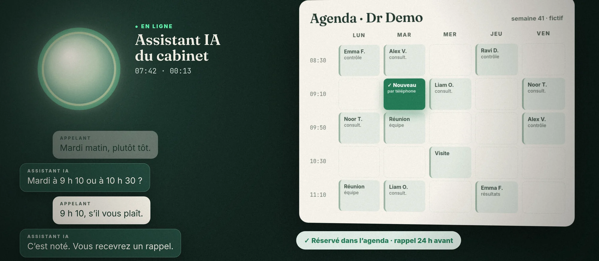 L’assistant IA du cabinet mène un appel et inscrit un rendez-vous dans l’agenda.
