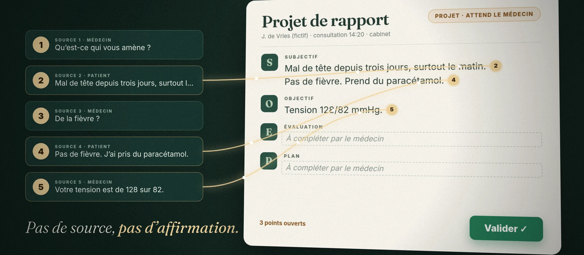 Projet de compte rendu dont chaque phrase renvoie à une source de la transcription.